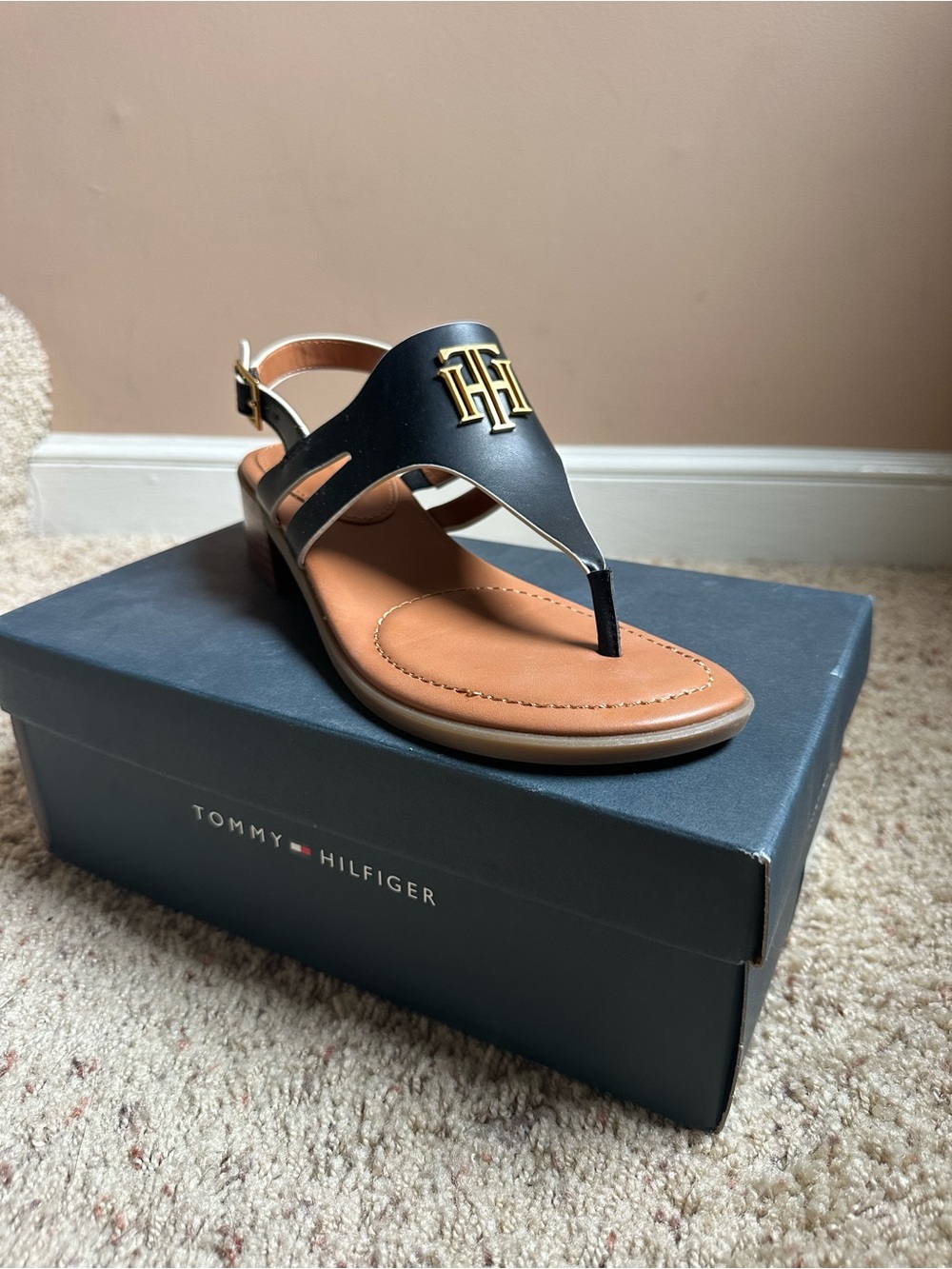 Tommy Hilfiger Black and Tan Logo T-Strap Sandals